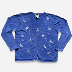 90s cardigan dragonfly embroidery button up cornflower blue‎ cottagecore women L